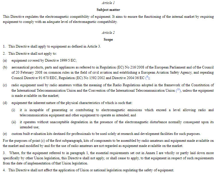CE Certification EMC Directive Article 1 & Article 2